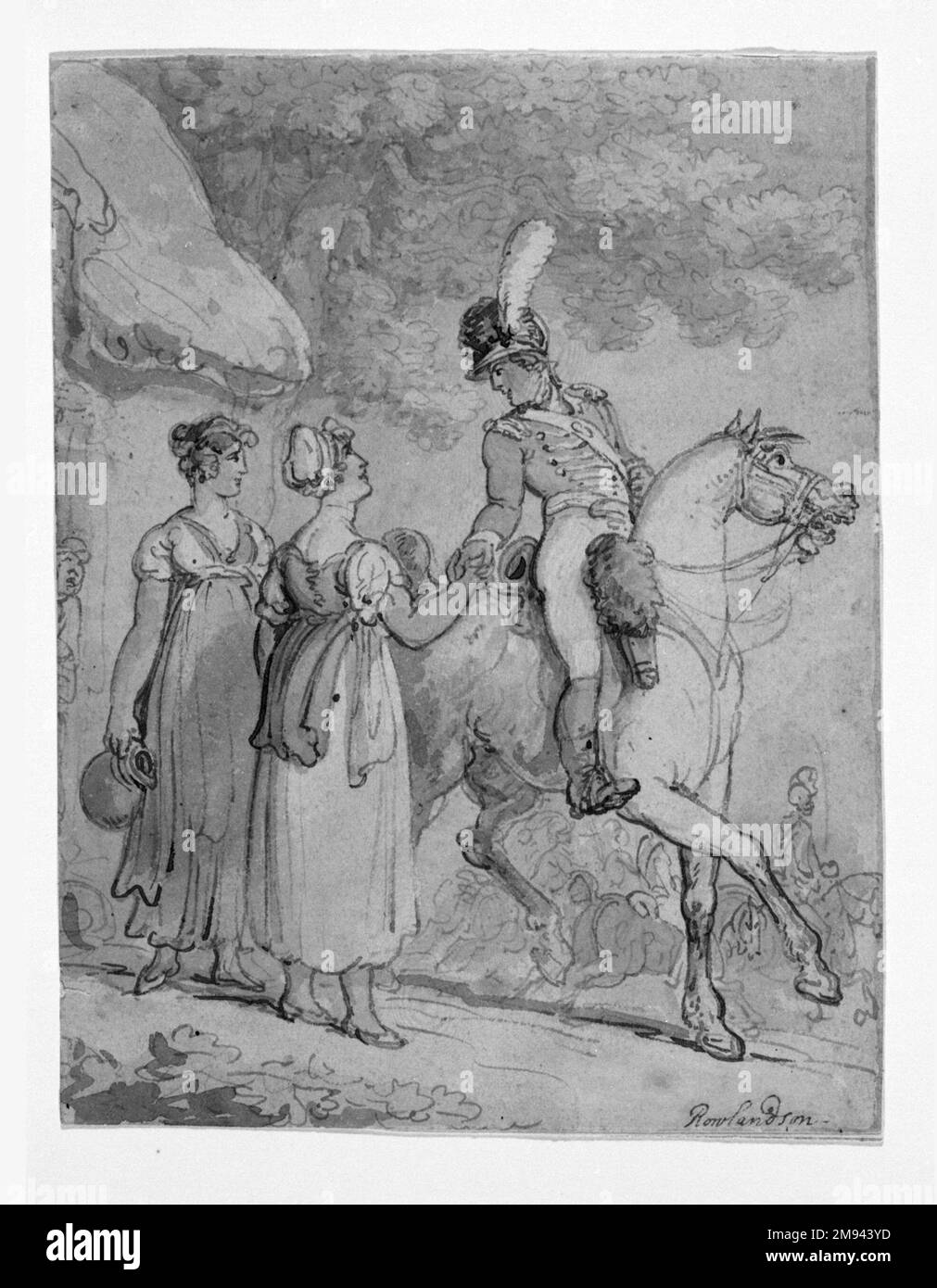 „Two Women Say Auf Wiedersehen“ für den berittenen Soldat Thomas Rowlandson (britisch, 1756-1827). , 1810-1815. Zeichnen mit Aquarell auf gewebtem Papier, 7 1/4 x 5 3/4 Zoll (18,4 x 14,6 cm). Europäische Art. 1810-1815 Stockfoto