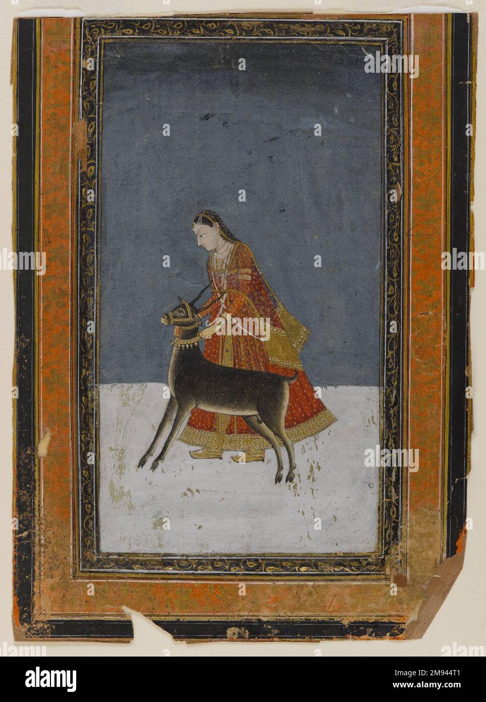 Lady mit einem Black Buck Indianer. , Ca. 1750. Undurchsichtige Aquarelle und Gold auf Papier, Blatt: 8 1/2 x 6 1/4 Zoll (21,6 x 15,9 cm). Asiatische Kunst ca. 1750 Stockfoto