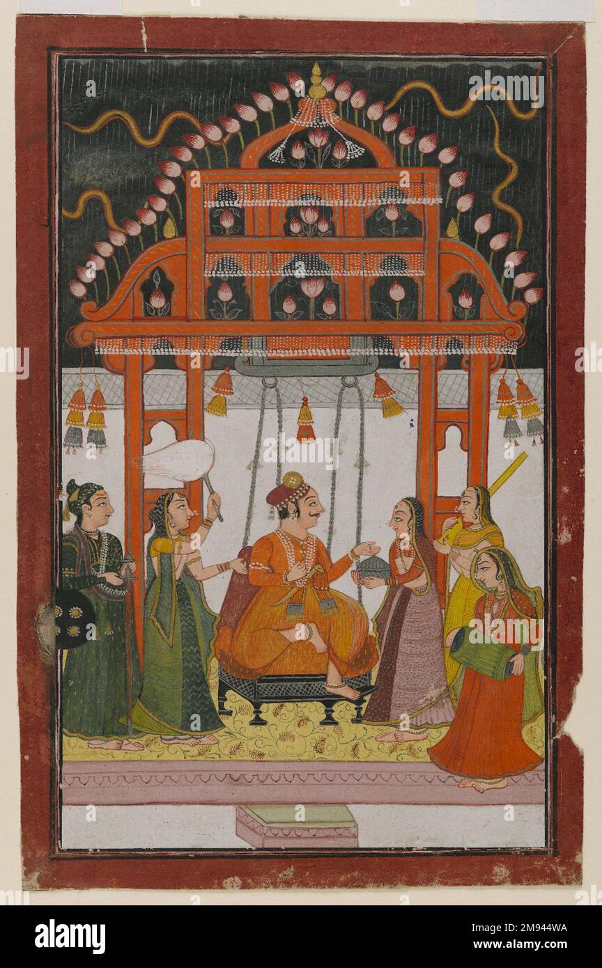 Hindola Raga, Page von einem verstreuten Indianer der Ragamala-Serie. , Ca. 1830. Undurchsichtige Aquarelle und metallische Farben auf Papier, Bogen: 10 1/2 x 6 7/8 Zoll (26,7 x 17,5 cm). Asiatische Kunst ca. 1830 Stockfoto