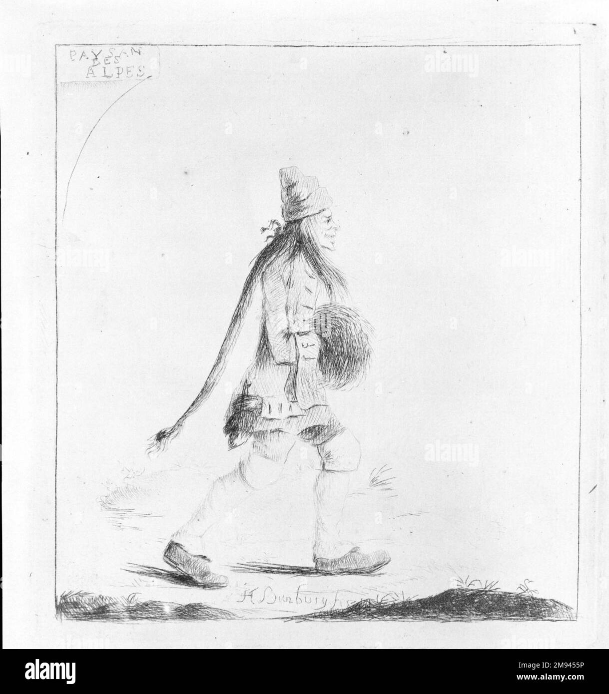 Paysan des Alpes Henry William Bunbury (Britisch, 1750-1811). , 18. Jahrhundert. Trockenpunkt auf liegendem Papier, Platte: 6 7/16 x 5 7/8 Zoll (16,3 x 14,9 cm). Europäische Kunst des 18. Jahrhunderts Stockfoto