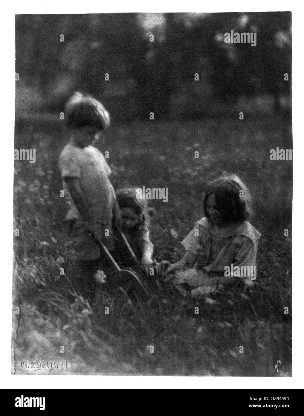 Three Children in the Grass Marguerite E. DeWitt (Amerikaner, Anfang des 20. Jahrhunderts). , Ca. 1915. Platin-Foto, 9 9/16 x 7 1/2 Zoll (24,3 x 19,1 cm). Fotografie ca. 1915 Stockfoto
