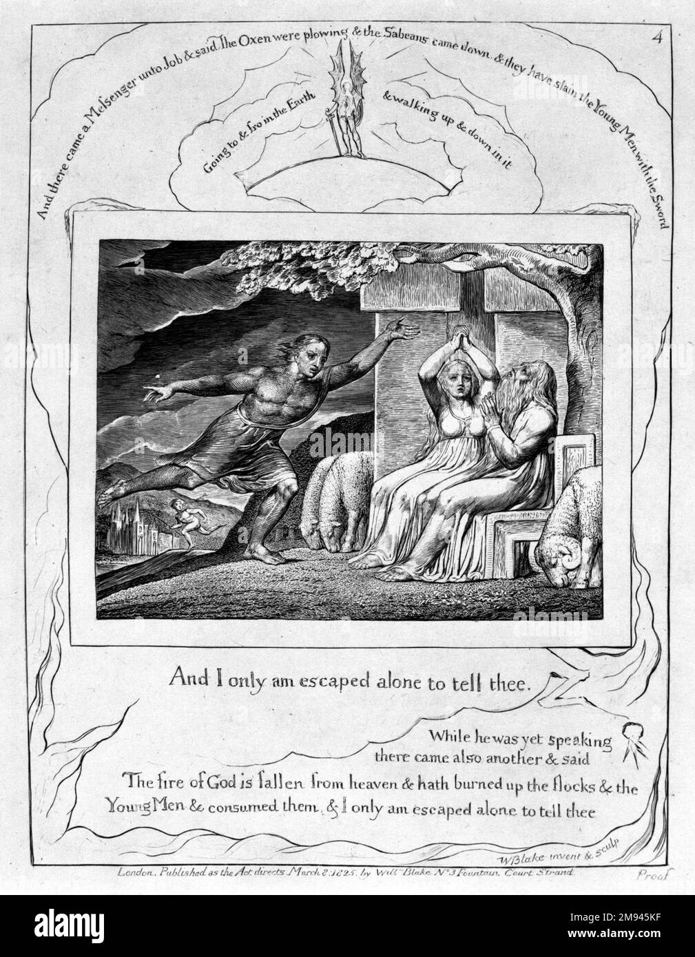Und nur ich bin entkommen, um es dir zu sagen... aus den Illustrationen des Buches des Jobs William Blake (britisch, 1757-1827). , 1825. Gravur, 8 5/16 x 6 7/16 Zoll (21,1 x 16,3 cm). Europäische Art. 1825 Stockfoto