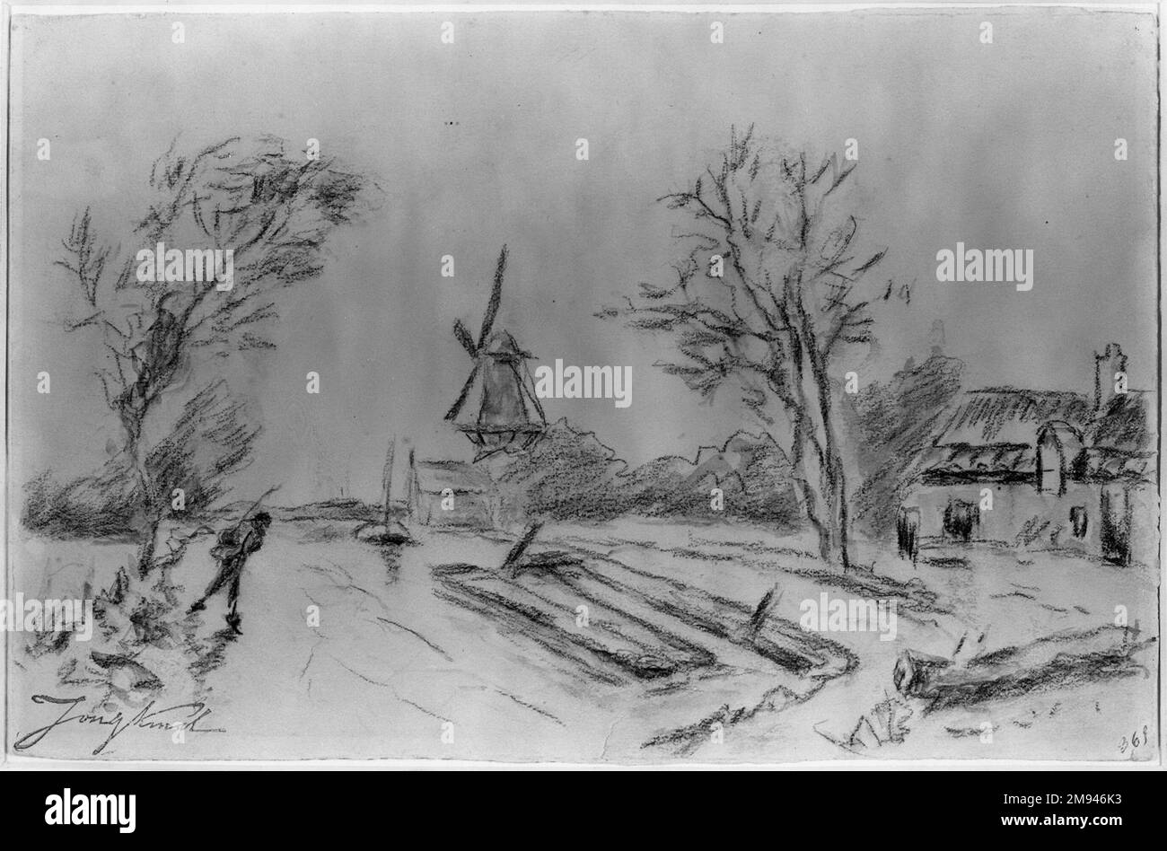 Landschaft mit Windmill Johan Barthold Jongkind (Niederländisch, 1819-1891). Landschaft mit Windmühle. Anthrazit mit wässriger Waschfarbe auf Papier, 6 5/16 x 9 3/4 Zoll (16,1 x 24,7 cm). Europäische Kunst Stockfoto