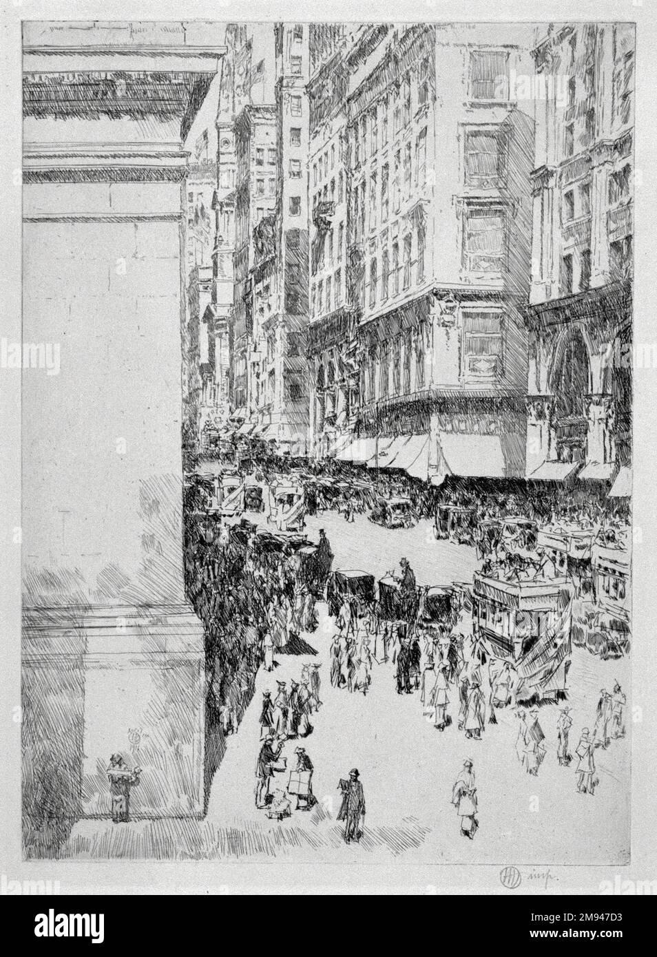Fifth Avenue, 12:00 Uhr Frederick Childe Hassam (Amerikanisch, 1859-1935). , 1916. Ätzen auf Papier, Blatt: 12 1/2 x 9 9/16 Zoll (31,8 x 24,3 cm). Amerikanische Kunst 1916 Stockfoto