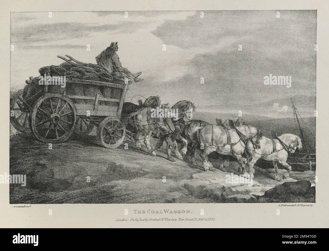 Coal Waggon Théodore Géricault (Frankreich, 1791-1829). , 1821. Lithografie auf gewebtem Papier, 7 3/4 x 12 1/4 Zoll (19,7 x 31,1 cm). Der Coal Waggon ist das zehnte Bild einer Reihe von Lithografien mit verschiedenen Themen aus Life und on Stone, die Théodore Géricault in den 1820er Jahren in England produzierte. Es ist eines von mehreren, die sich auf Pferde konzentrieren, eines der Lieblingsthemen von Géricault. Als Erinnerung an die rasanten kulturellen Veränderungen der Epoche zeigt der Druck ein Team von Zugpferden, Symbole einer traditionellen landwirtschaftlichen Lebensweise, die eine Ladung Kohle ziehen, das Material, das die industrielle Revolution antreibt. Arbeiten Stockfoto