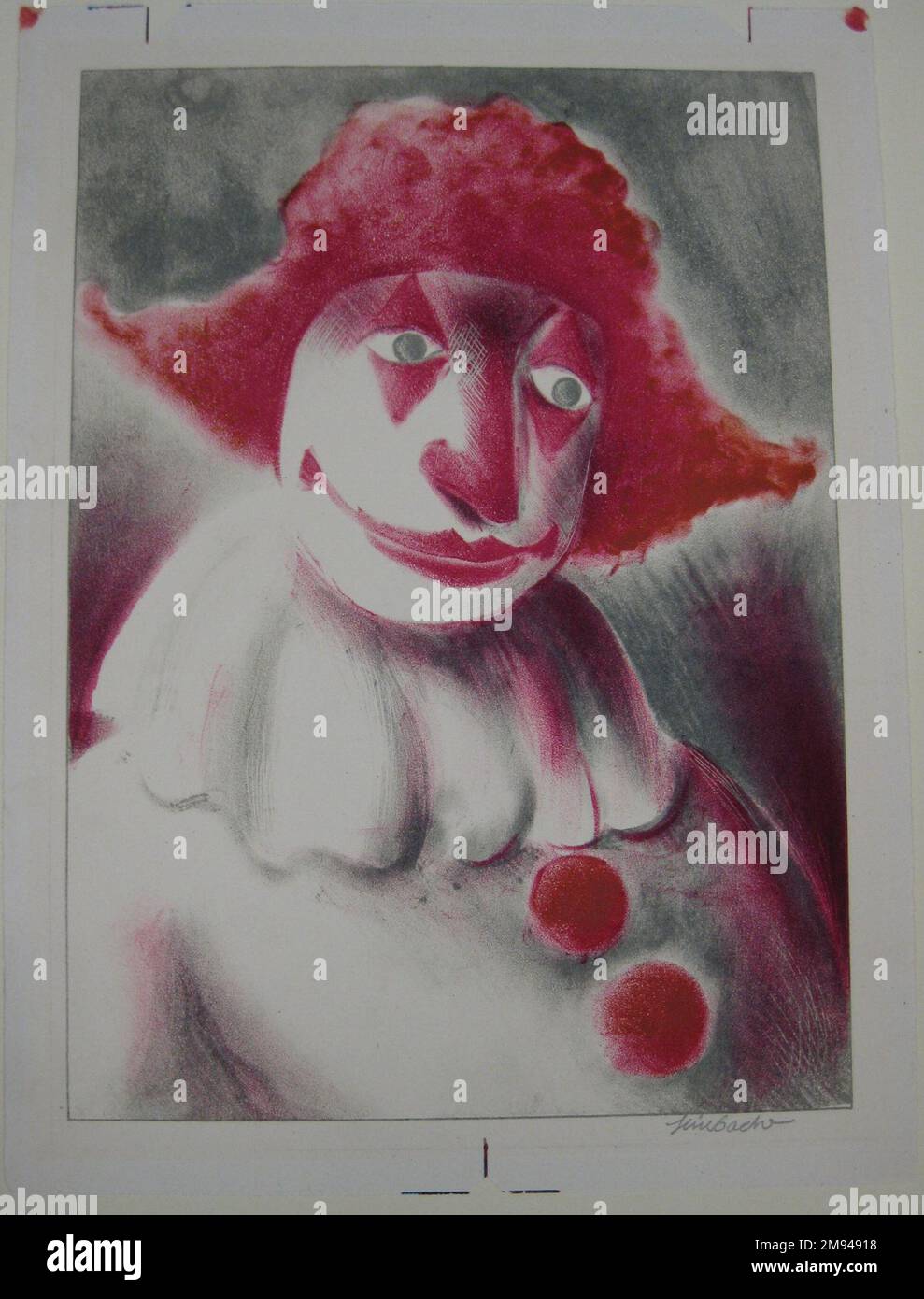 Clown mit Red Cap Russell T. Limbach (amerikanisch, 1904-1971). Farblithographie von zwei Steinen auf weißem gewebtem Papier, Blatt: 13 13/16 x 10 3/16 Zoll (35,1 x 25,9 cm). Amerikanische Kunst Stockfoto