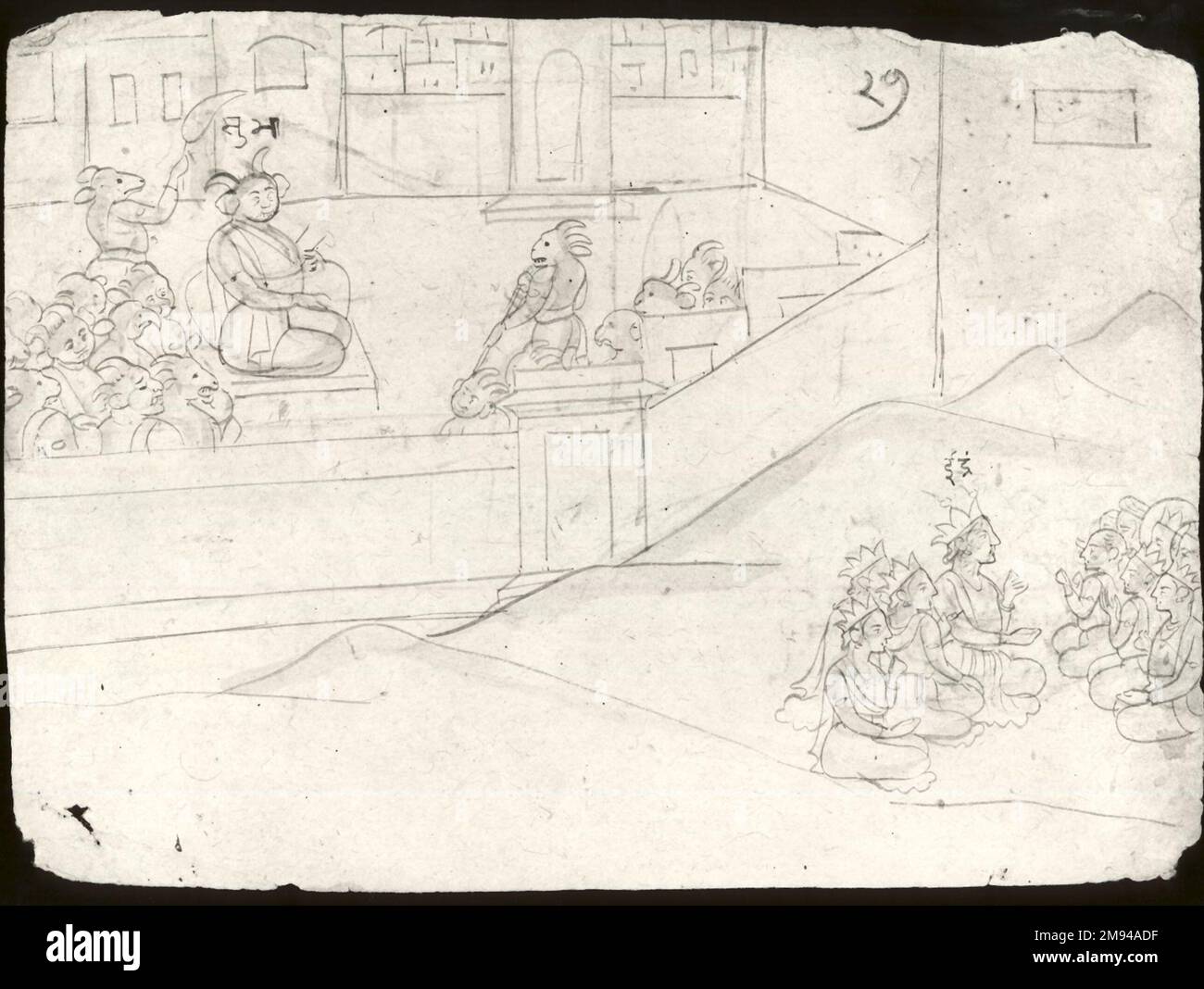 Die Dämonen versammeln sich um Sumbha, während sich die Götter um Indra Indian versammeln. , Ca. 1760. Tinte auf Papier, Blatt: 6 3/4 x 9 3/16 Zoll (17,2 x 23,5 cm). Asiatische Kunst ca. 1760 Stockfoto