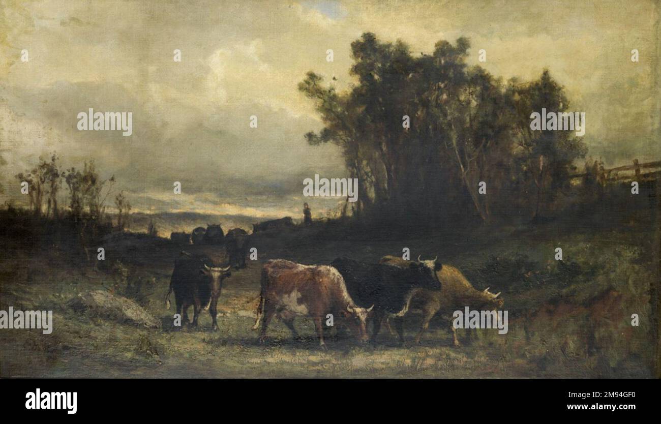 [Unbenannt] (Kuhherde in Pastorallandschaft) Edward Mitchell Bannister (amerikanisch, 1828-1901). , 1877. Öl auf Leinengewebe, 28 x 48 Zoll (71,1 x 121,9 cm). Amerikanische Kunst 1877 Stockfoto