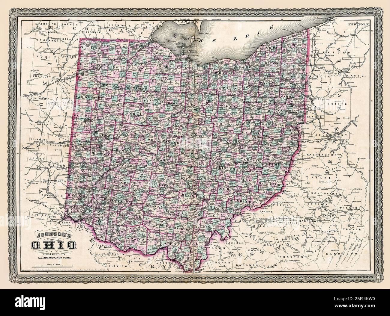 Ohio Antique Karte 1864 Reproduktion. Ursprünglicher Titel: Karte von Johnson's Ohio 1864. Diese restaurierte, detaillierte Reproduktion bringt viele Details und Wahrzeichen zum Vorschein und macht diese Karte zu einer großartigen historischen Referenz. Stockfoto