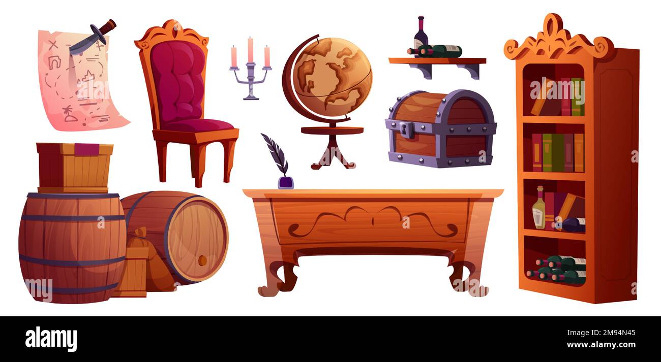 Cartoon-Möbelstücke aus Piratenhütten, isoliert auf weißem Hintergrund. Vektordarstellung mit antikem Holzschreibtisch, Stuhl, Bücherregal, Schatztruhe und Karte, Rumfässern, Weinflaschen auf Regal, Globus Stock Vektor