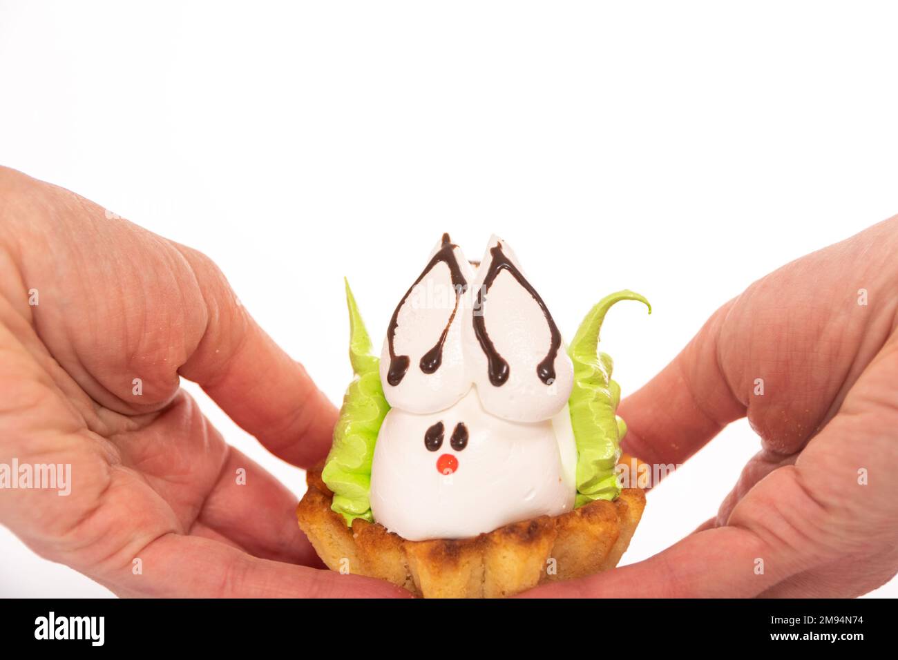 Hände halten einen hausgemachten Proteinkuchen in Form eines Osterhasen, der auf einem Keks liegt, wie in einem Nest. Süße Ostertradition. Frühlingsferien. Easte Stockfoto