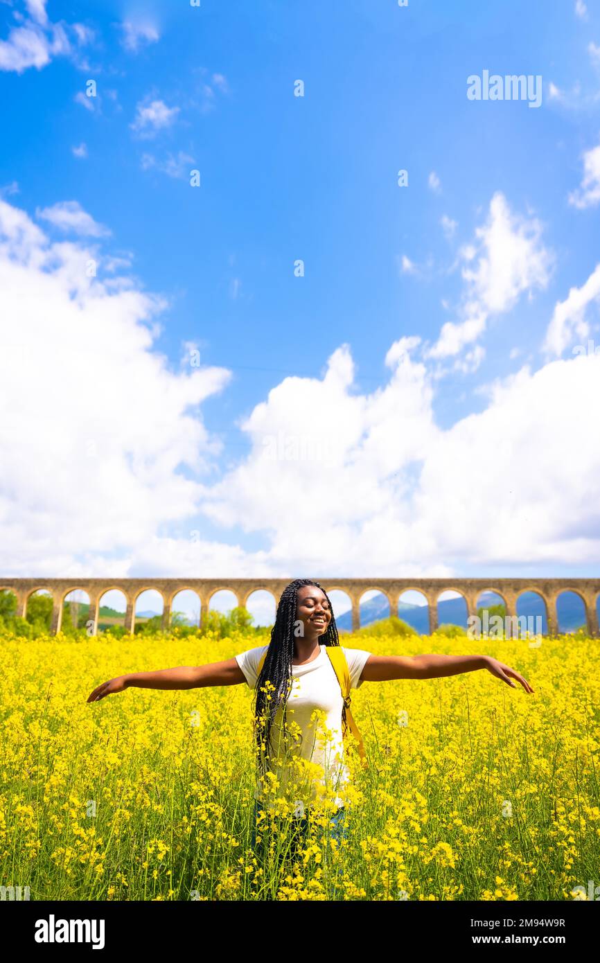 Genießen Sie den Frühling im Urlaub, schwarzes ethnisches Mädchen mit Zöpfen, Reisende, in einem Feld gelber Blumen, vertikales Foto Stockfoto