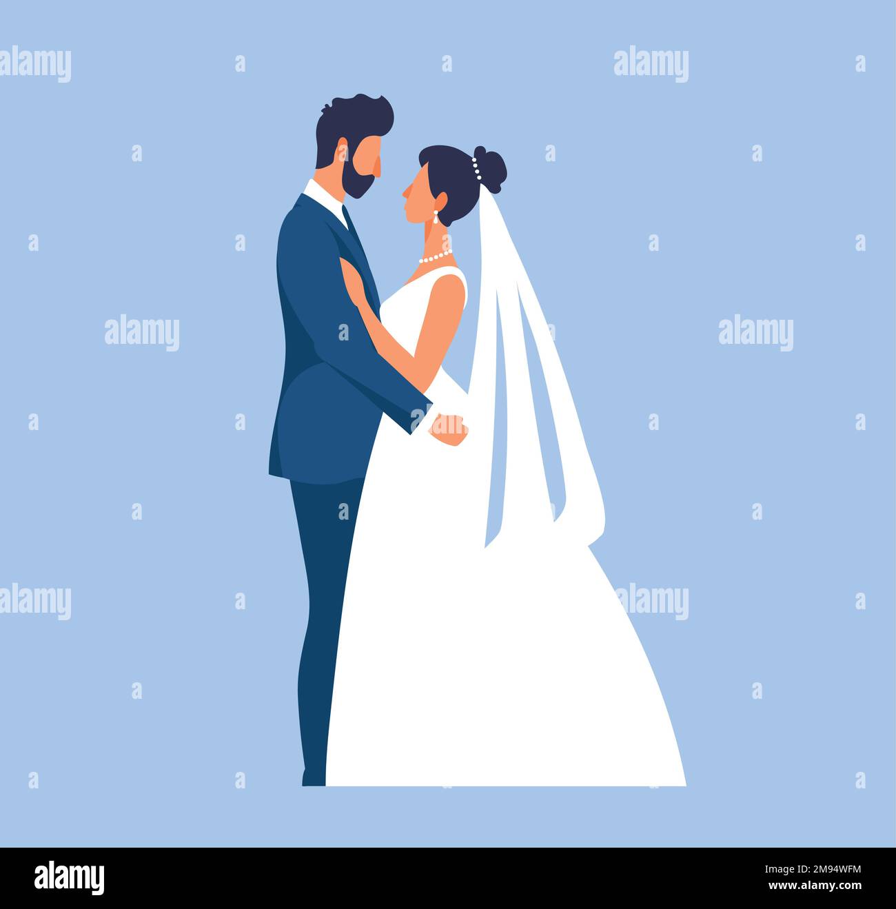 Braut und Bräutigam im Hochzeitskleid, Paar in klassisch-elegante Outfits verliebt, Partyeinladung. Darstellung isolierter Vektoren in flacher Form Stock Vektor