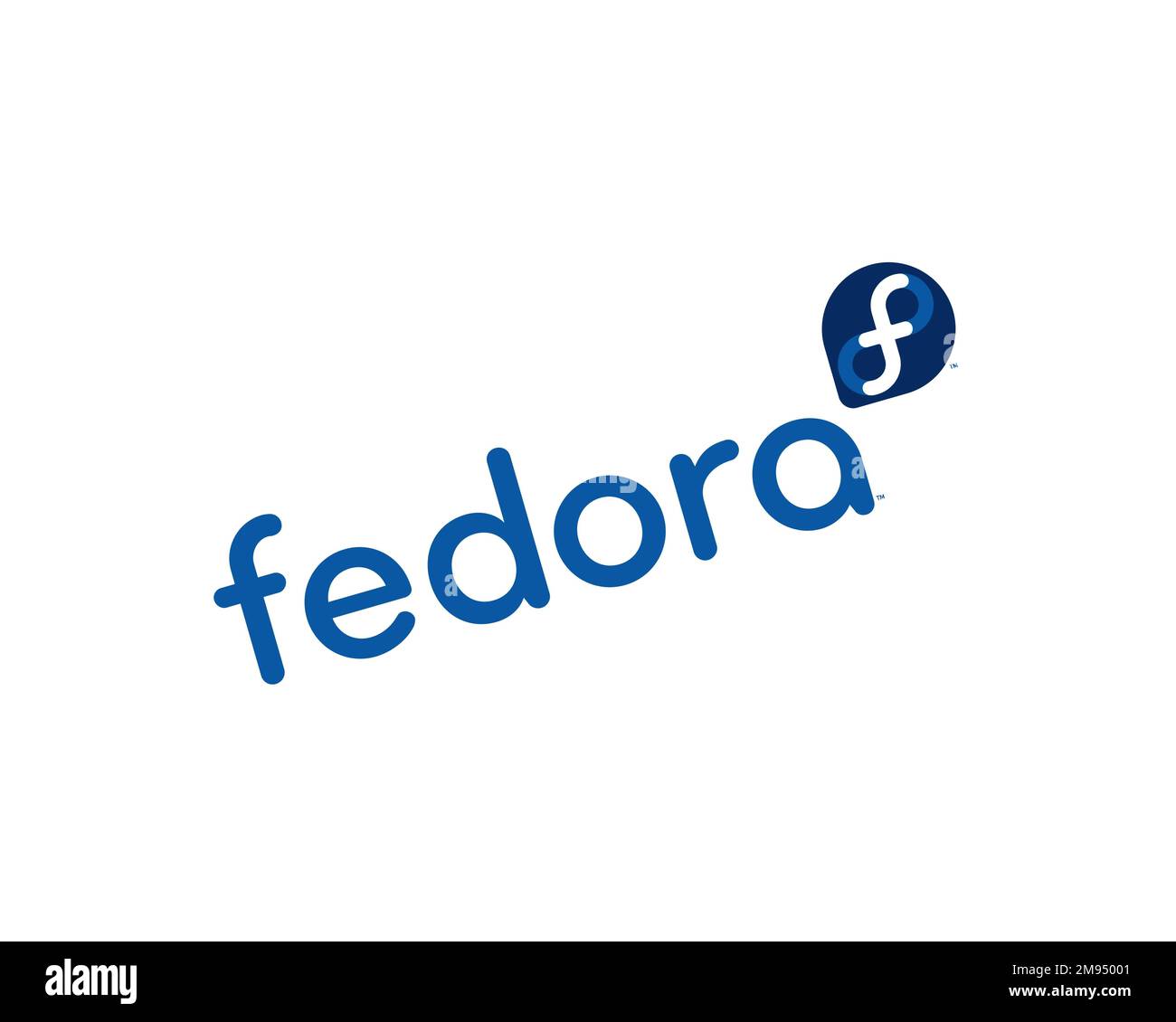 Das Fedora-Projekt, gedrehtes Logo, weißer Hintergrund Stockfoto