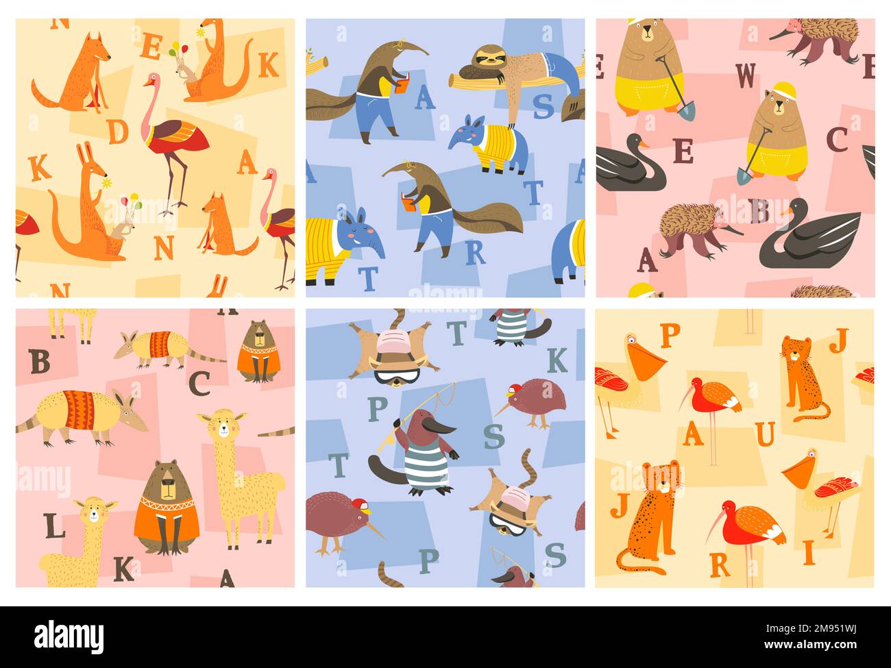 Gemustertes Dekorationsset mit niedlichen Cartoon-Tieren Stock Vektor