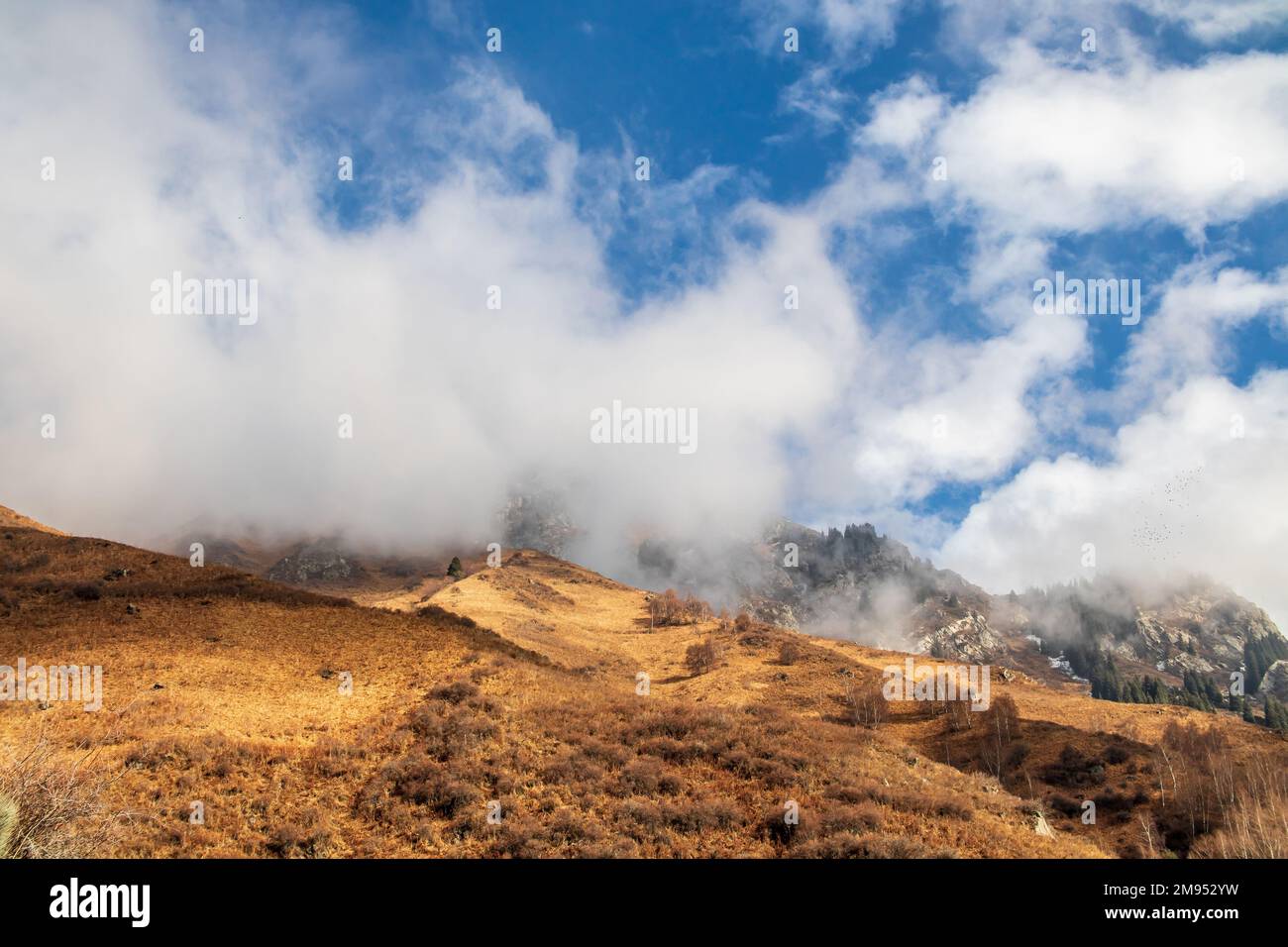 Sehr niedrige Wolken berühren die Gipfel des Almaty-Gebirges Stockfoto