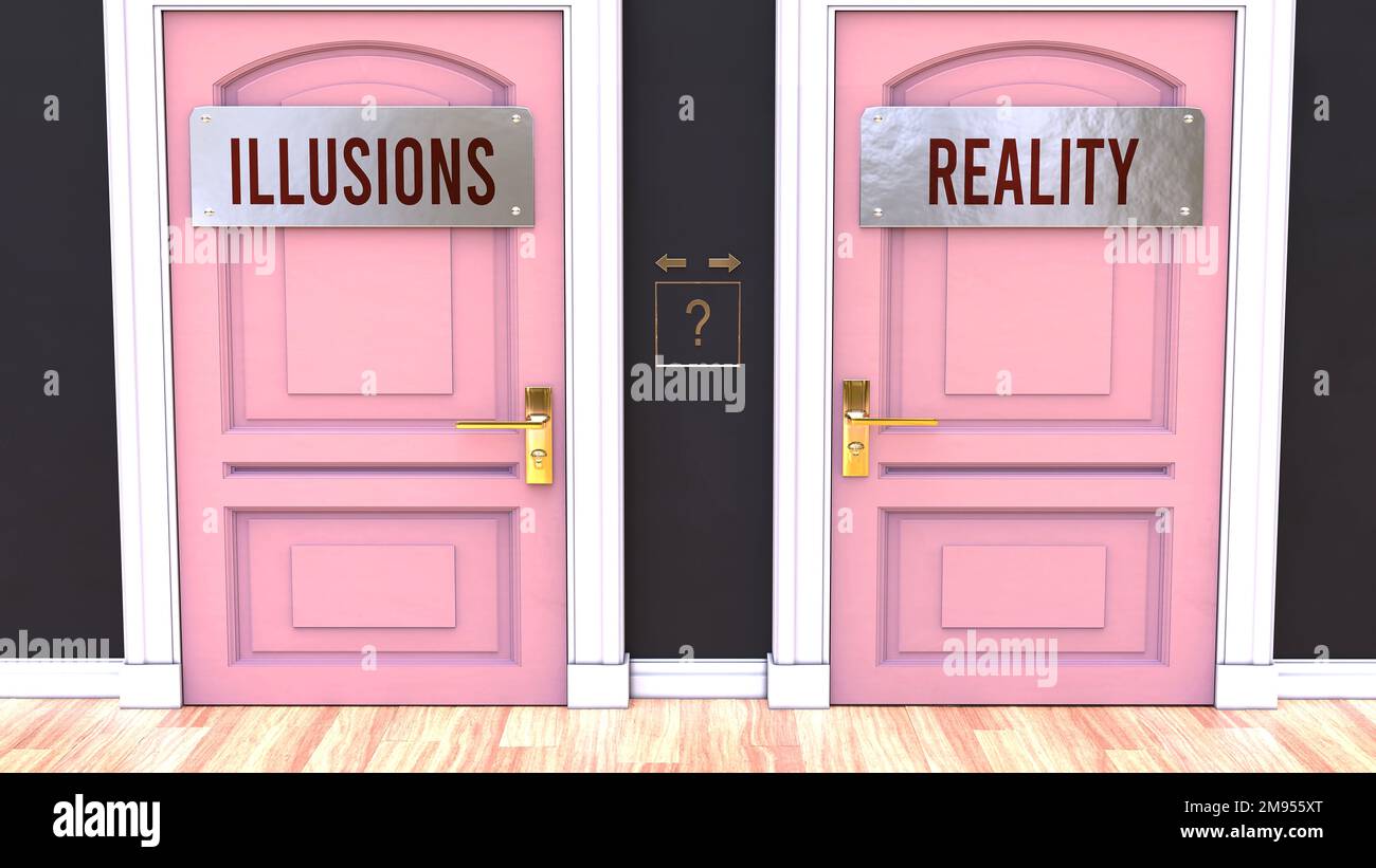 Illusionen oder Realität - Entscheidungen treffen, indem man sich für eine Option entscheidet. Zwei Alaternative als Türen dargestellt, die zu unterschiedlichen Ergebnissen führen. 3D Abbildung Stockfoto