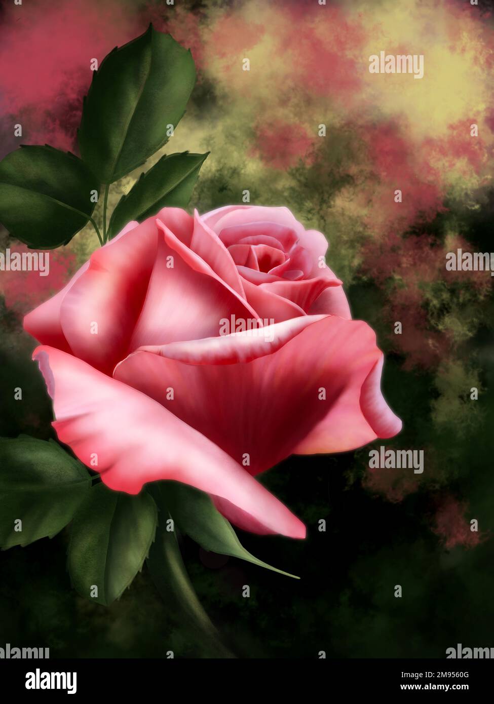 Digitale Illustration – Rosa Rose auf farbenfrohem Hintergrund. Stockfoto