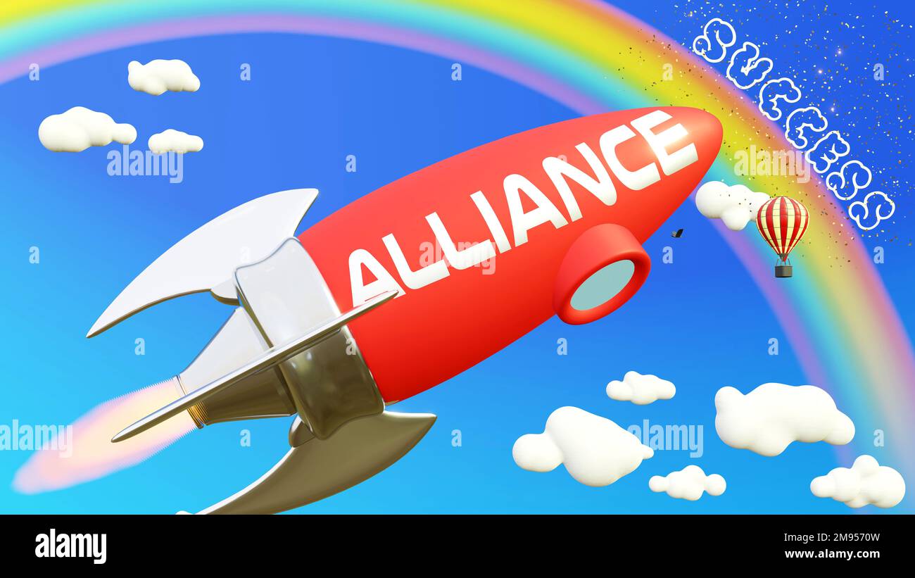 Allianz führt zu Erfolg im Geschäft und im Leben. Cartoon-Rakete mit Text Alliance, hoch im blauen Himmel, um den Regenbogen zu erreichen, Stockfoto