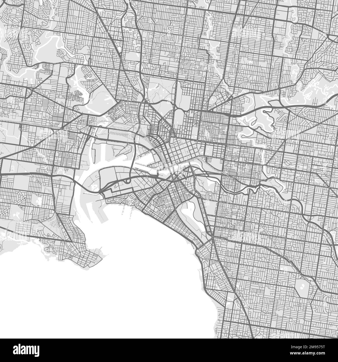 Stadtplan von Melbourne. Detaillierte Vektorkarte der Stadtverwaltung von Melbourne. Stadtbild-Poster mit Blick auf die Metropolitane Aria. Dunkles Land mit weißen Straßen, Straßen Stock Vektor