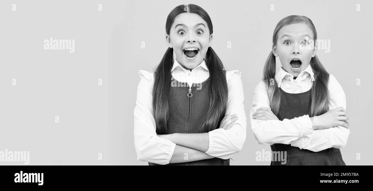 Schulmädchen Freunde. Lernen Sie mit Überraschung. Überraschte Kinder halten die Arme gekreuzt. Porträt einer Schülerin, Studio-Banner-Header. Schulkind Stockfoto