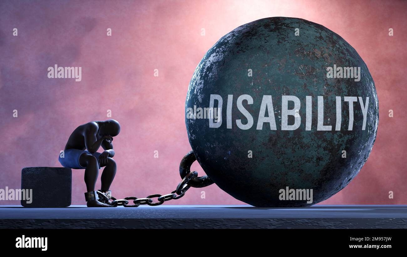 Behinderung, die Leben begrenzt und leiden lässt, in schmerzhaftem Zustand eingesperrt. Es ist eine Bürde, die eine Person in Elend versklavt hält. 3D Illustration Stockfoto