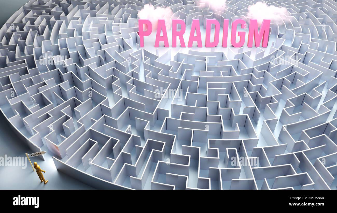 Paradigma und ein schwieriger Weg, Verwirrung und Frustration bei der Suche nach dem Paradigma, harte Reise, die zu Paradigma führt,3D-Illustration Stockfoto