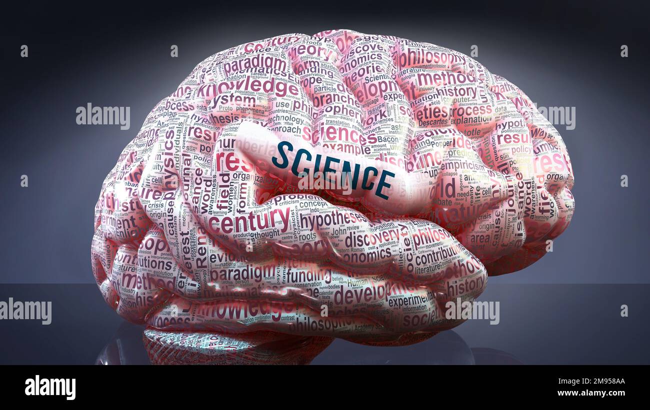 Wissenschaft im menschlichen Gehirn, Hunderte von wichtigen Begriffen im Zusammenhang mit Wissenschaft projiziert auf einen Kortex, um ein breites Ausmaß des Zustandes zu zeigen und die Konz. Zu erforschen Stockfoto