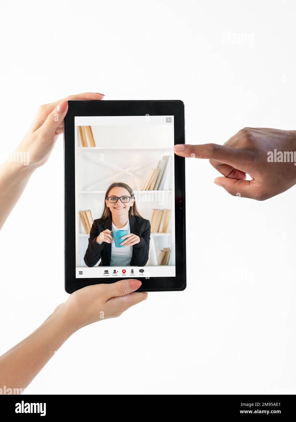 E-Learning-Kurs Videoanruf Lehrer auf Tablet Stockfoto