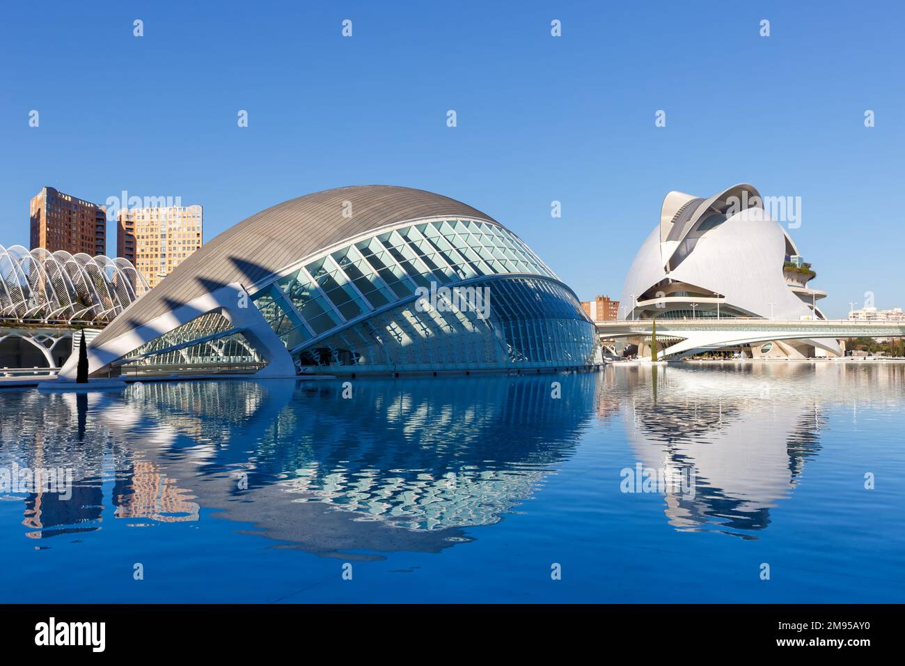 Valencia, Spanien - 18. Februar 2022: Ciutat de les Arts i les Ciencies Moderne Architektur von Santiago Calatrava in Valencia, Spanien. Stockfoto
