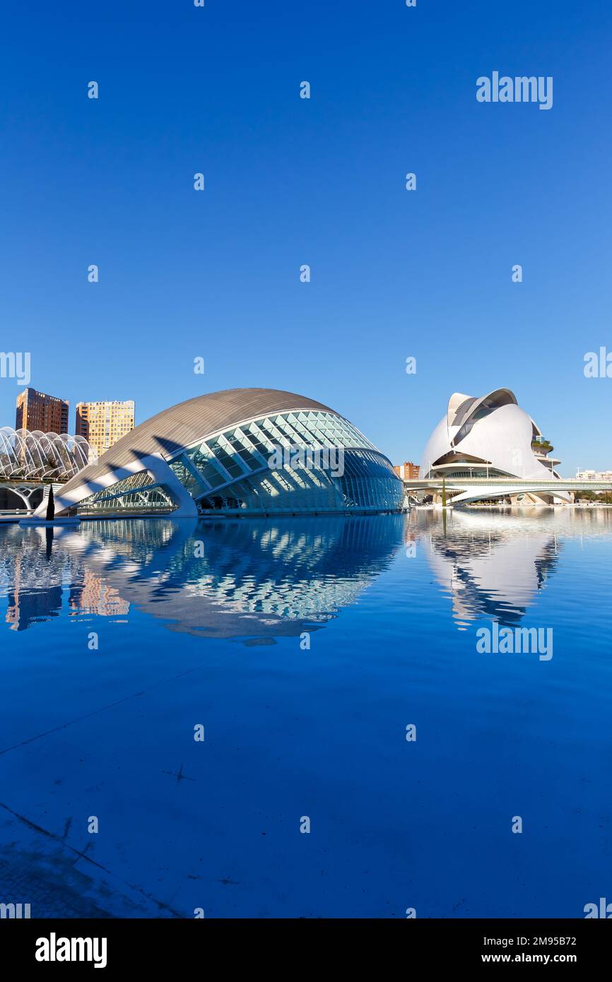 Valencia, Spanien - 18. Februar 2022: Ciutat de les Arts i les Ciencies Moderne Architektur von Santiago Calatrava Porträtformat in Valencia, Spanien. Stockfoto