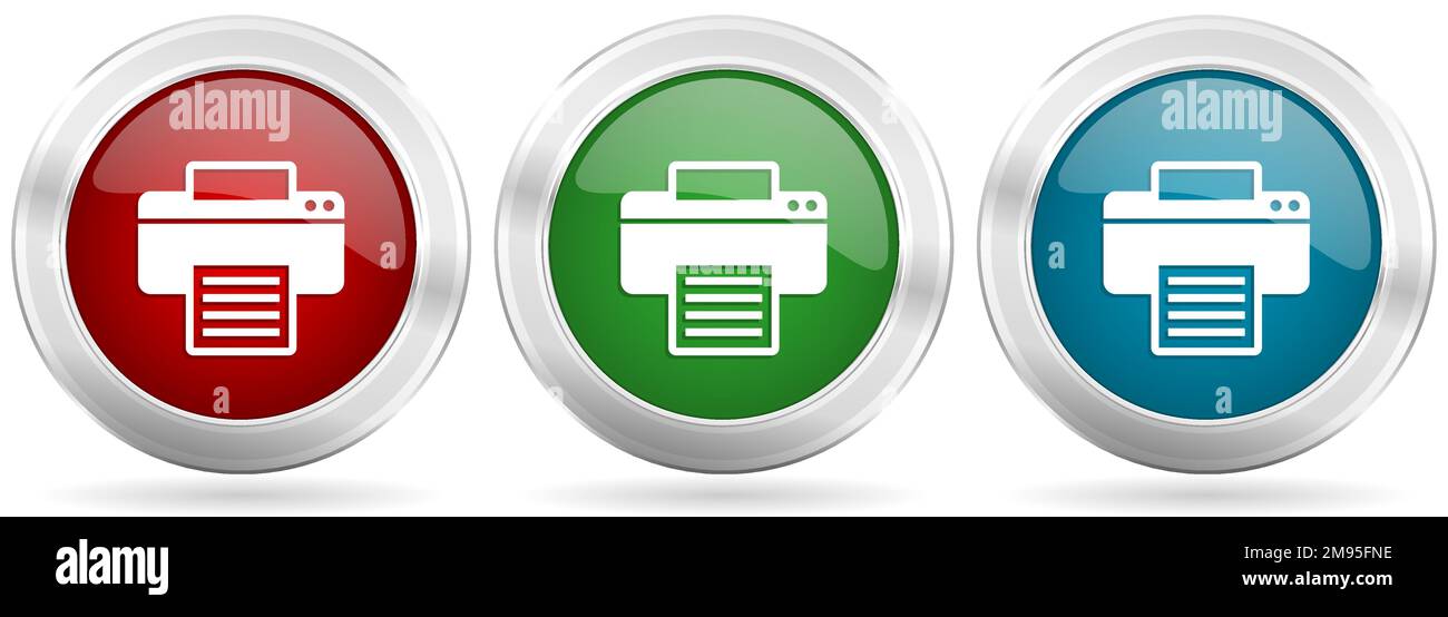 Drucker-, Druck-, Office-Vektor-Symbolsatz. Rote, blaue und grüne silberfarbene metallische Netzknöpfe mit Chromrand Stock Vektor