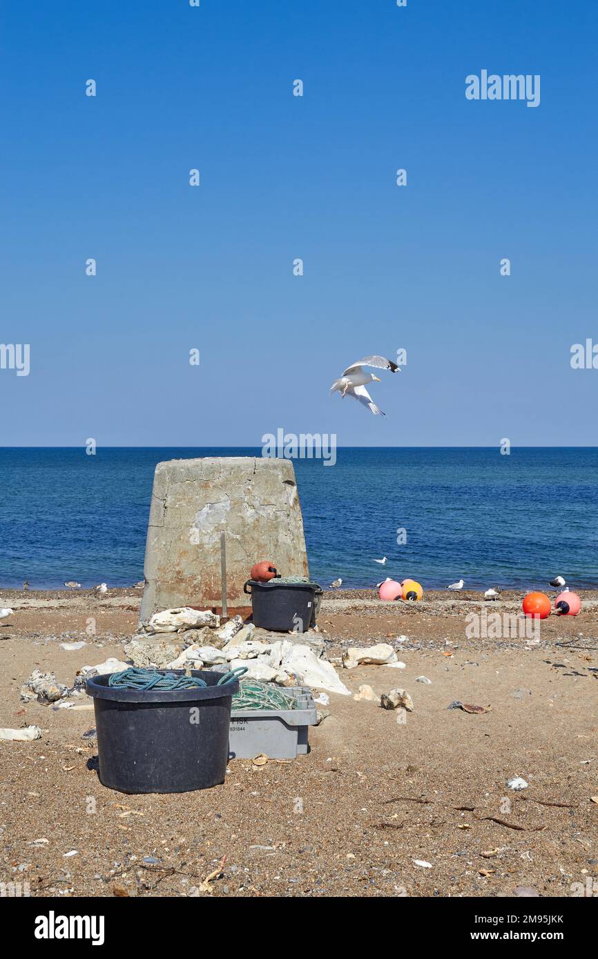 Gull und Angeln Utensilien auf Klitmoeller Strand, Thisted Kommune, Dänemark Stockfoto