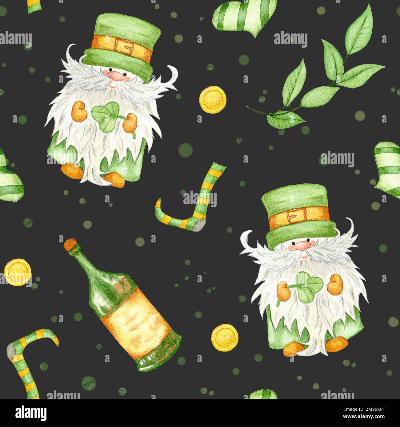 Nahtloses Aquarell-Muster für St. Patricks Tag. Illustration mit Zwerg, Whiskey, Strumpf, Zweig und Münze. Stockfoto