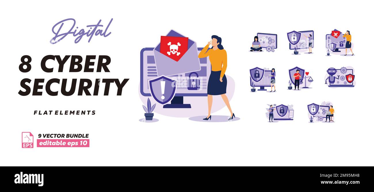 Cyber Security Bundle isometrischer Elemente. Fingerabdruckscanner, Vorhängeschloss, Passwort, Firewall, Datenordner, Isolierte Symbole für elektronischen Sicherheitsschlüssel. bu Stock Vektor