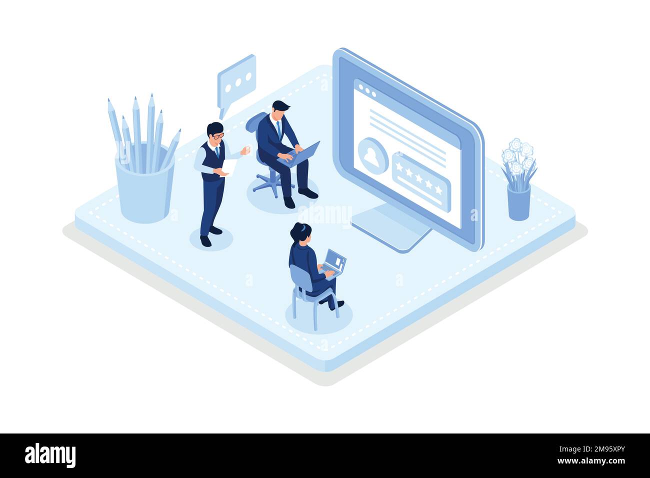 Charaktere, die Feedback mit fünf Sternen geben. Anwendererfahrungskonzept, isometrische Vektordarstellung Stock Vektor