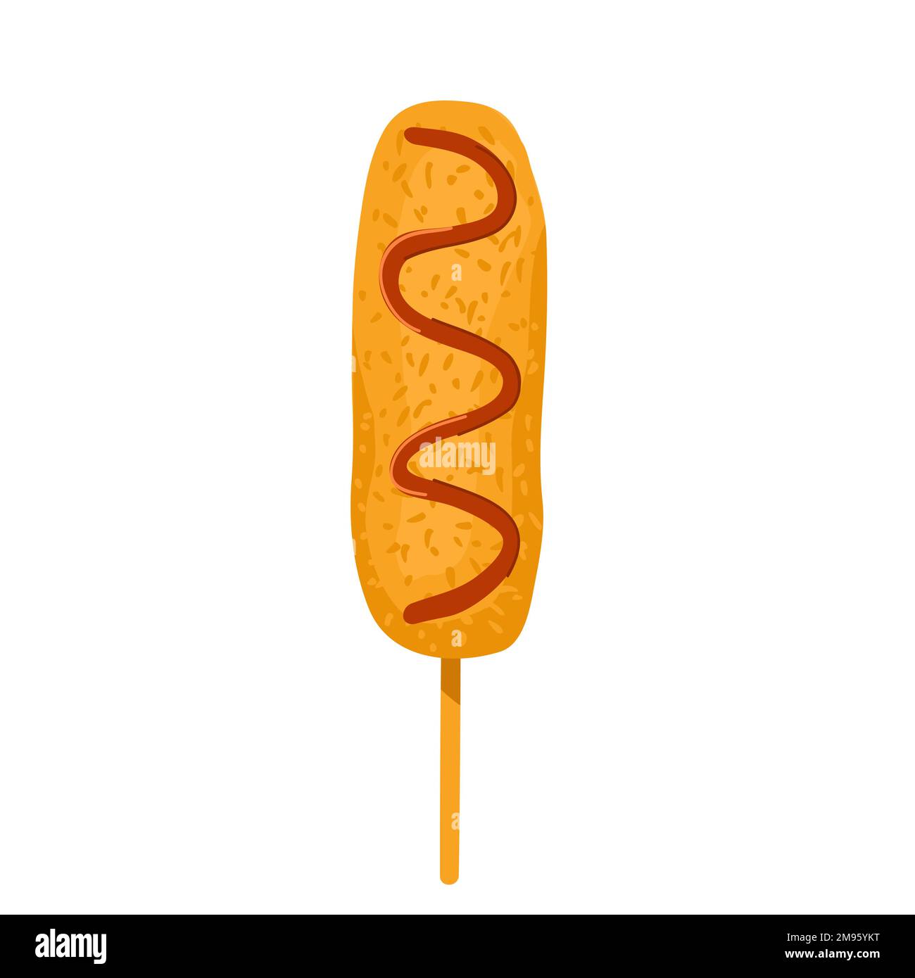 Corndog auf dem Stock niedliche Farbsymbol. Koreanisches Street Fast Food. Asiatische Hot-Dog-Wurst in Brotkrümeln mit Ketchup gebraten. Beliebter Snack isoliert auf Weiß. Vektordarstellung. Stock Vektor