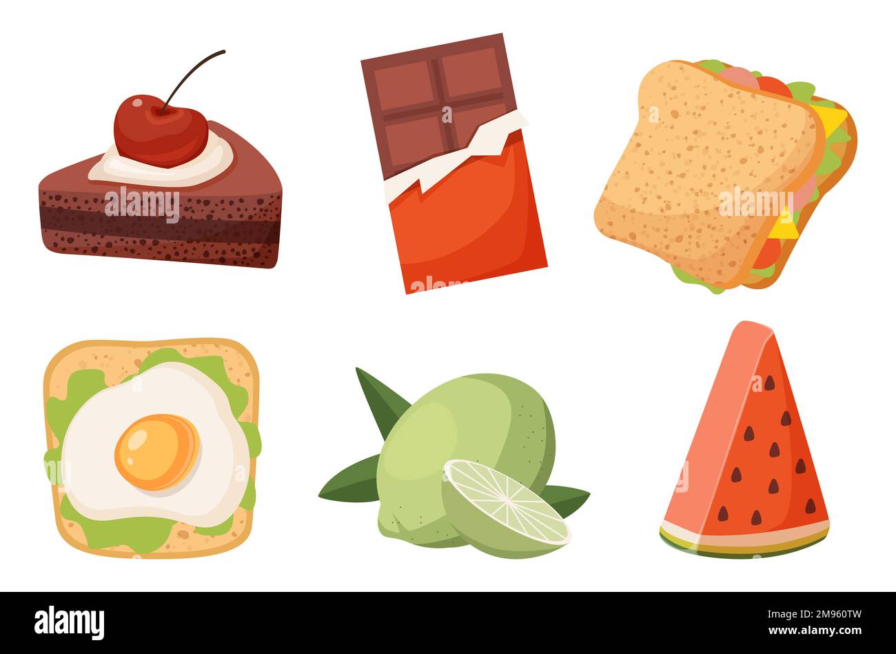 Set aus Produkten, Toast mit Rührei, Sandwich mit Zitronenkuchen, Schokoriegel und einem Stück Wassermelone Stock Vektor