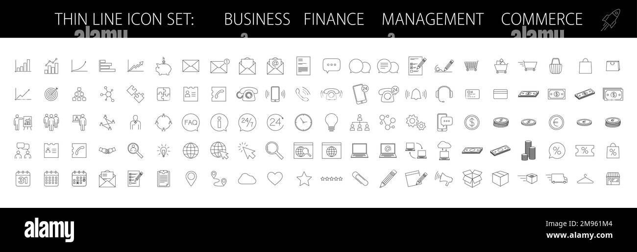 Große, dünne Linien in den Bereichen Wirtschaft, Finanzen, Handel und Einzelhandel, bearbeitbare Konturvektordarstellung Stock Vektor