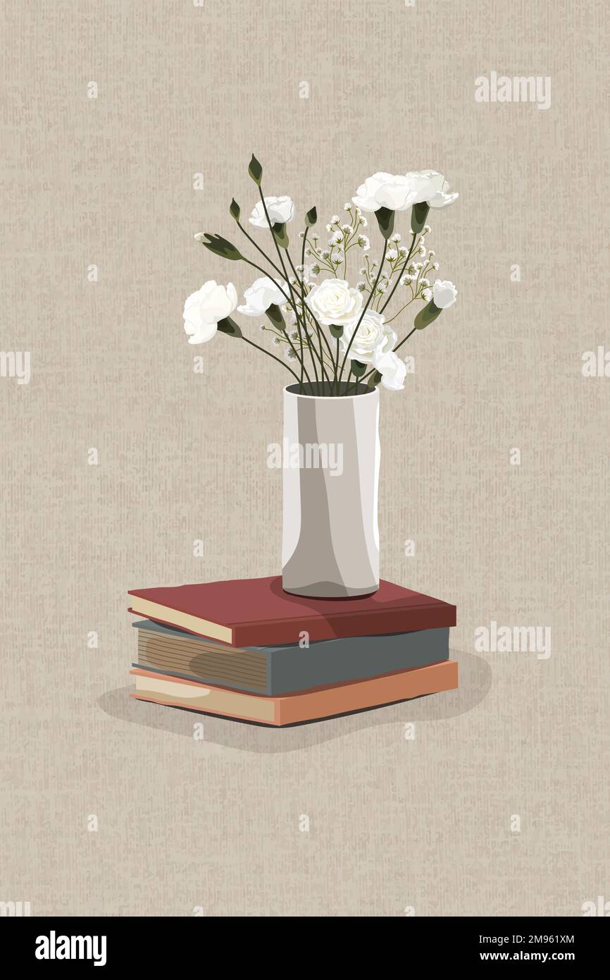 Weiße Nelkenvase auf einem Stapel Bücher Design Element Vektor Stock Vektor