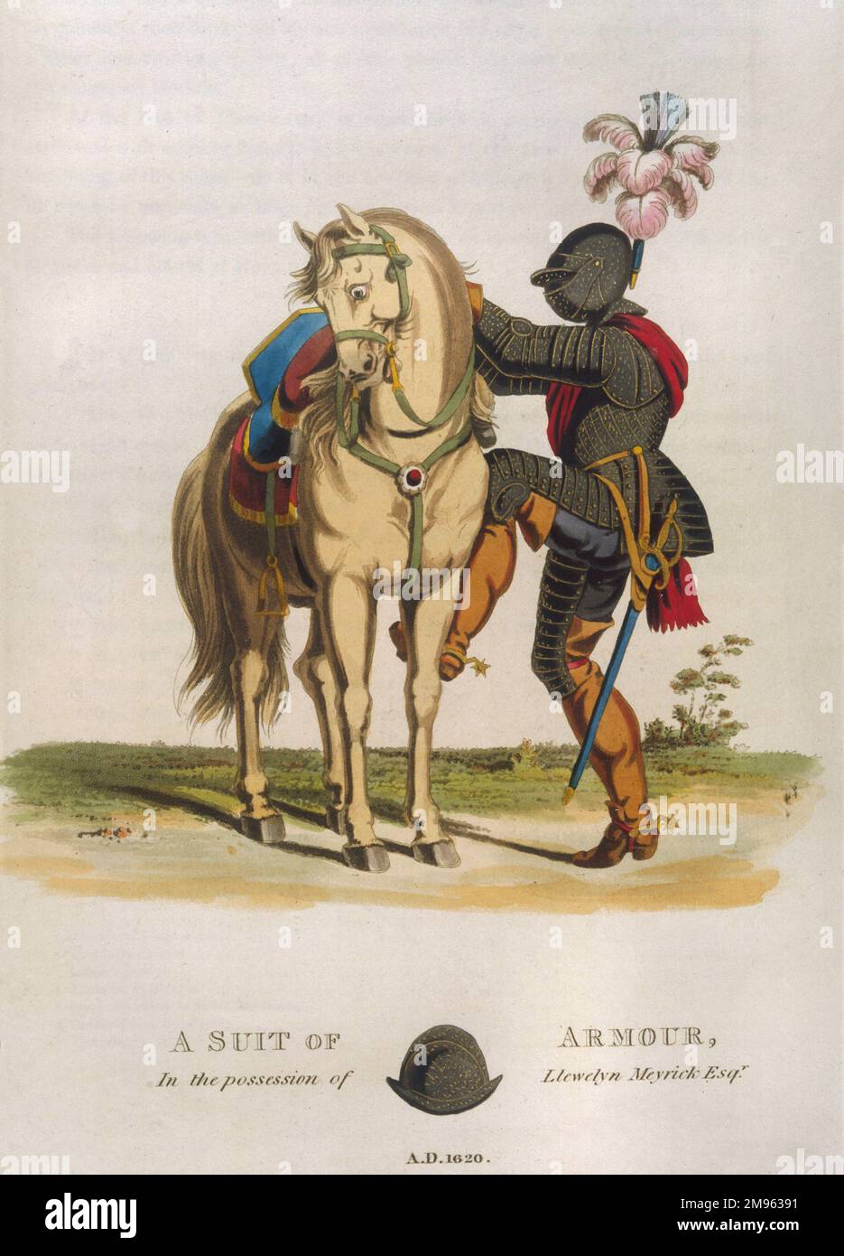 Ein Ritter in Rüstung steigt auf sein Pferd. Stockfoto
