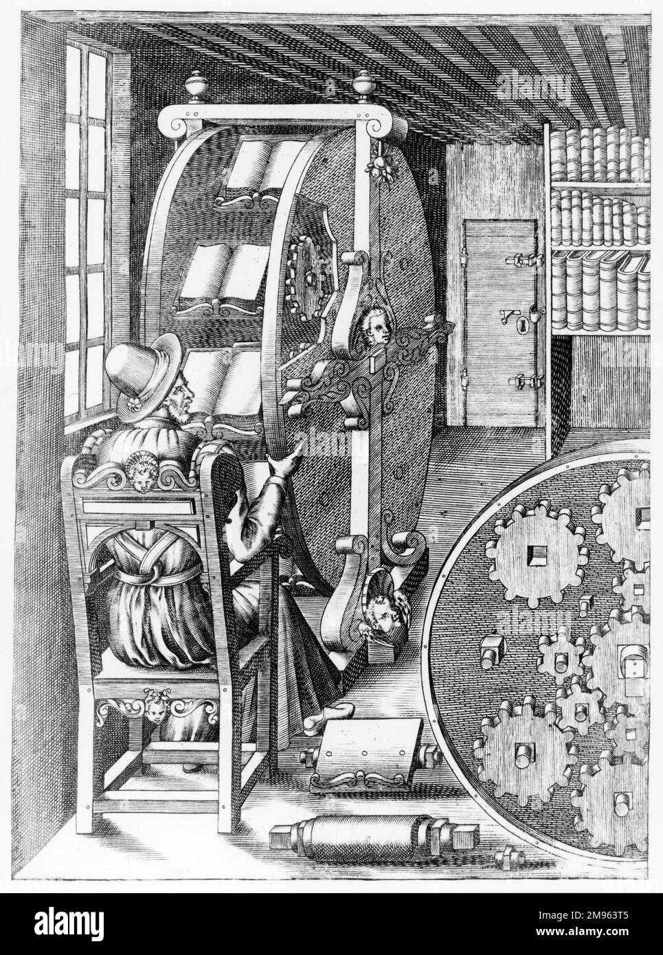 Ein Mann verwendet ein kreisförmiges Gerät, um Bücher zu lesen, sodass er problemlos zwischen Bänden wechseln kann. Stockfoto