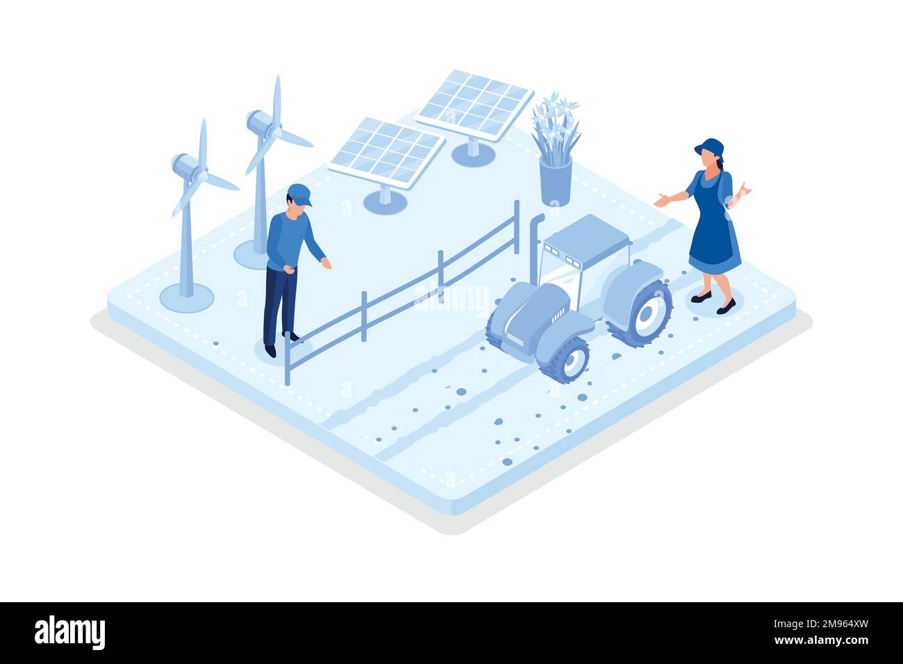 Intelligenter ökologischer Hof mit Windmühlen und Solarmodulen. Nachhaltiges Zukunftskonzept, isometrische Vektordarstellung Stock Vektor