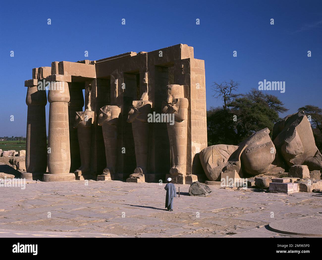 Das RAMESSEUM, das Mausoleum des ägyptischen Pharao RAMES II Hier sehen wir die 4 Osiris-Säulen und 2 Papyrus-Säulen, mit der gefallenen Statue von Ramses, Theben (Luxor), Ägypten Stockfoto