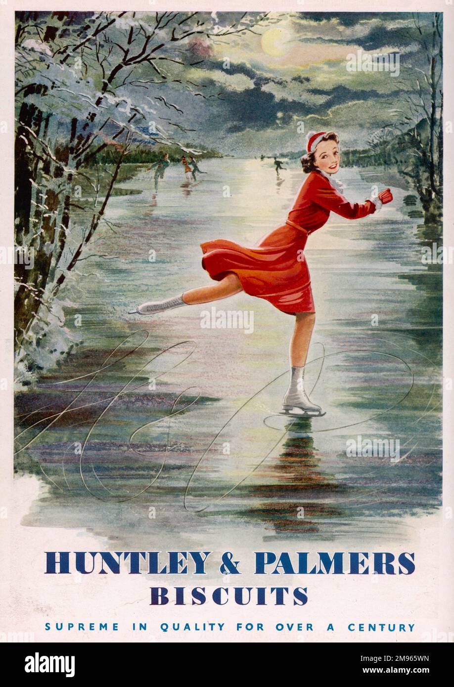 Werbespot für Huntley und Palmers, der eine junge Frau zeigt, die auf einem malerischen gefrorenen Fluss oder See Schlittschuhlaufen geht und ein festliches rotes Skating-Outfit trägt. Stockfoto