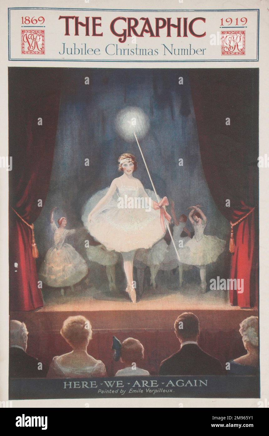 Titelseite der Graphik's Jubilee Christmas number, die 50 Jahre Publikation von 1869-1919 feiert. Das Bild zeigt ein Theaterpublikum, das eine magische Szene mit einer Feenbühne beobachtet. Stockfoto