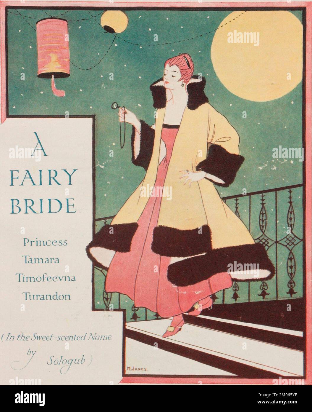 Design für das Deckblatt mit Notenblättern, auf dem eine elegant gekleidete Dame eine im Mondschein erleuchtete Treppe hinuntergeht, die mit Laternen dekoriert ist. Stockfoto