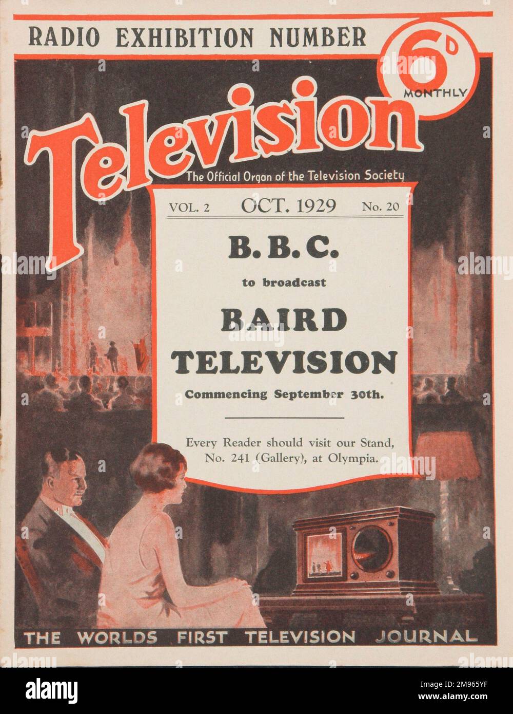 Titelseite der Zeitschrift „Fernsehen“, „die weltweit erste Fernsehzeitschrift“ und „offizielle Orgel der Fernsehgesellschaft“. In dieser Ausgabe werden die Radioausstellung in Olympia und eine bevorstehende Sendung der BBC oder des Baird-Fernsehens beworben. Stockfoto