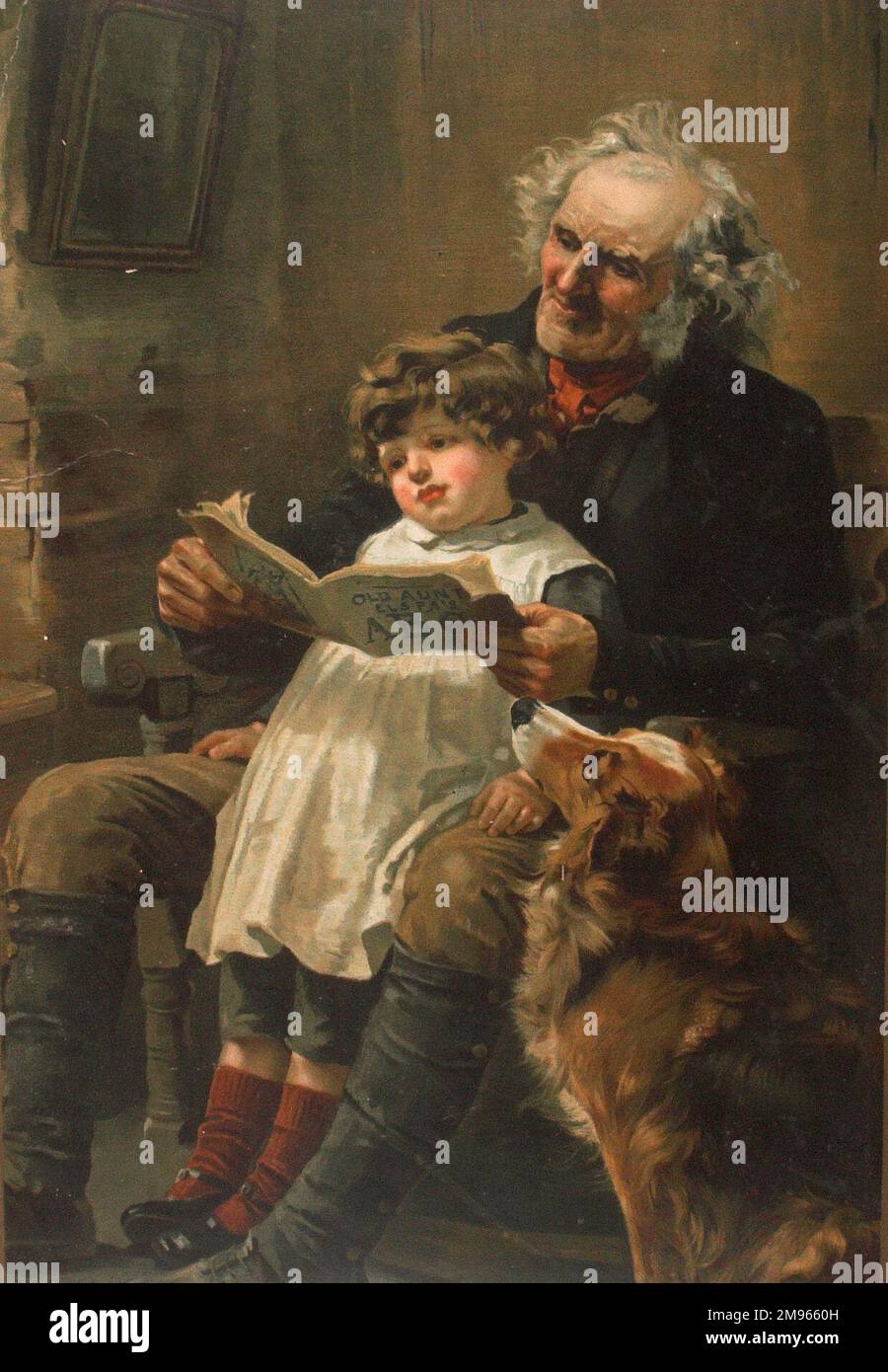 Ein viktorianisches Bild, das einen alten Großvater zeigt, der mit einem kleinen Kind liest. Stockfoto