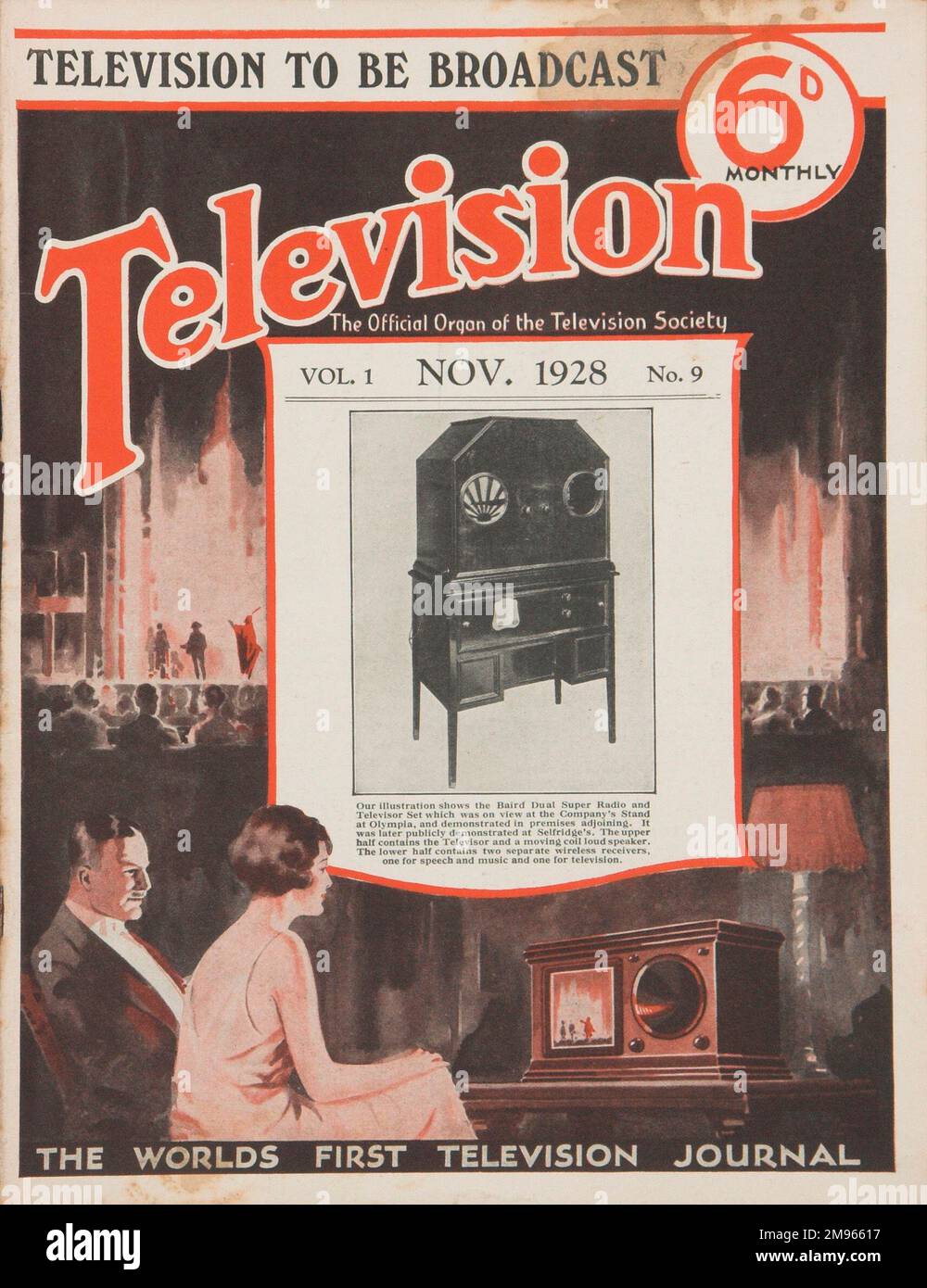 Titelseite des Fernsehmagazins, „die erste Fernsehzeitschrift der Welt“ aus dem Jahr 1928, in dem angekündigt wird, dass Fernsehen ausgestrahlt werden soll, und mit einem Foto eines ziemlich aufwändigen Fernsehers auf der Titelseite. Stockfoto